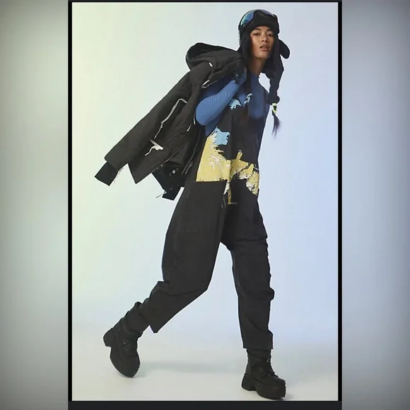 Free People Hot Shot Onesie FP Movement Ski Graphic Black S Printed Jumpsuit - Picture 1 of 8